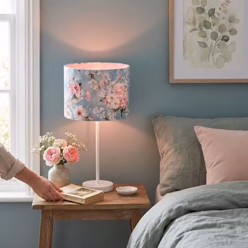 Happy Homewares Vintage Cylinder Velvet Lamp Shade in Blue with Pink and White Flowers, W/D/H: 18 x 18 x 25 cm – 2