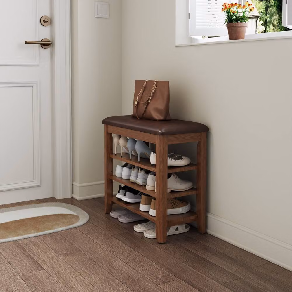YQJJGL 3-Tier Solid Wood Shoe Bench with Synthetic Leather Cushioned Seat in Brown, W: 60 cm, D: 36 cm, H: 65 cm – 3