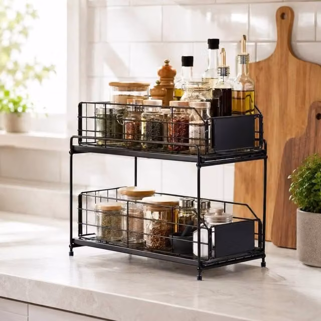 EONLION 2 Tier Metal Kitchen Spice Rack and Countertop Seasoning Organiser, Black, Width: 100 cm