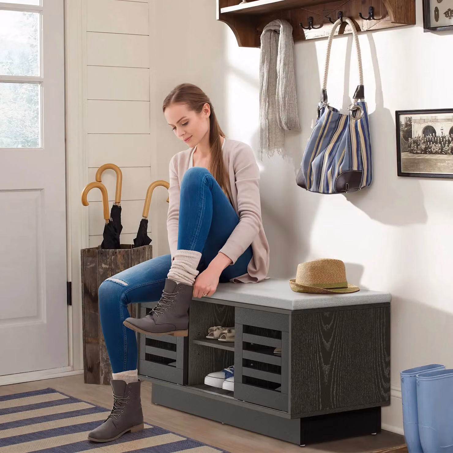 Costway Shoe Rack Storage Bench with Cushion and Adjustable Shelf, Grey – 4