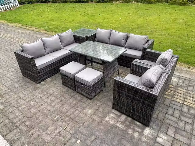 Fimous 10 Seater Dark Grey Wicker PE Rattan Outdoor Garden Dining Set with Dining Table and Side Table
