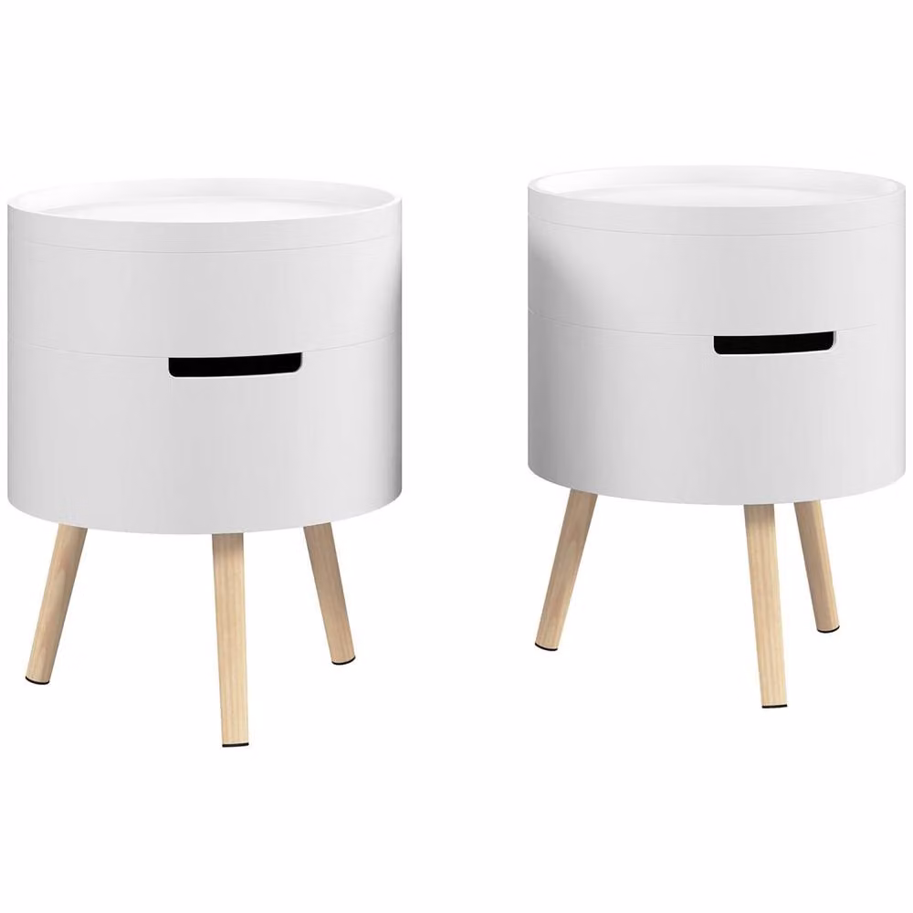 Wyld Haus Amelia Set of 2 White Round 3 Tier Bedside Tables with Storage and Tray in Natural White – 2