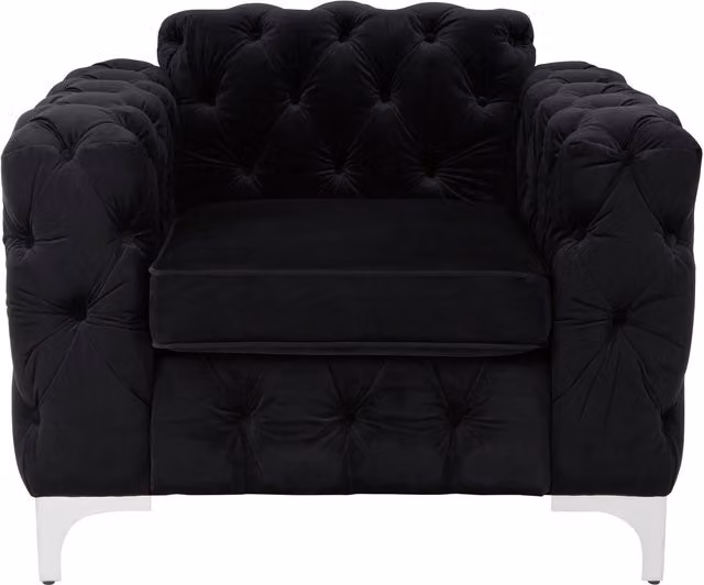 Orsina Black Velvet Quilted Chesterfield Lounge Chair with Silver Metal Frame