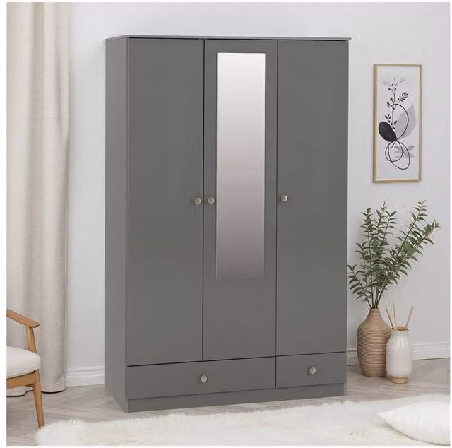 Seconique Denver 3 Door 2 Drawer Mirrored Wardrobe in Grey Gloss