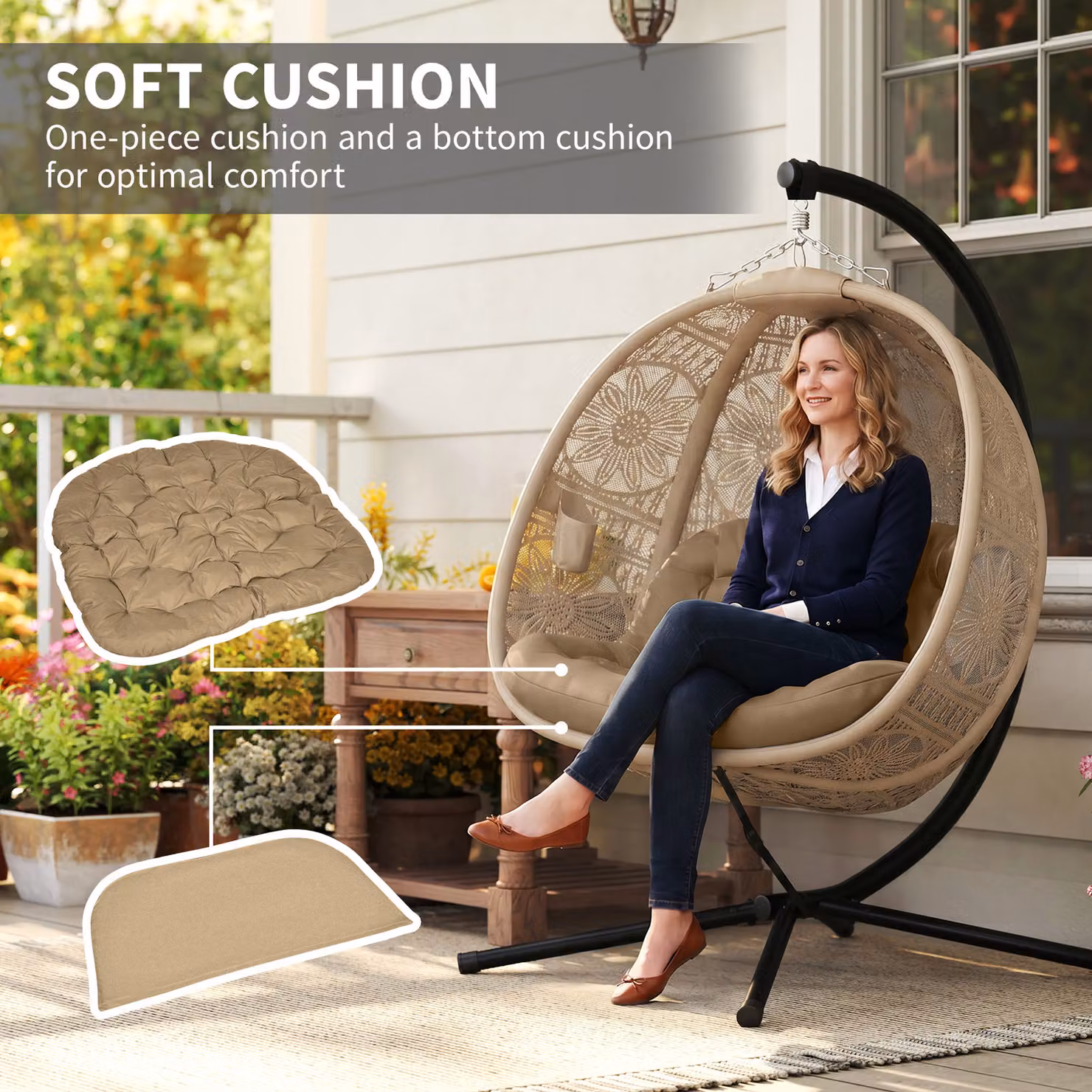 Outsunny Round Egg Basket Lounge Chair with Powder Coated Steel Stand and Beige Cushions – 3
