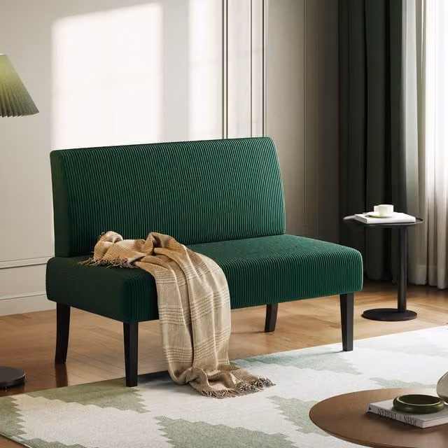 Yaheetech Green Corduroy Armless Small Sofa Loveseat with Rubberwood Frame