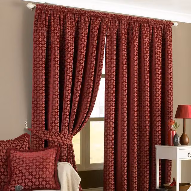 Paoletti Belmont Geometric Jacquard Pencil Pleat Curtains in Red, Width: 229 cm, Drop: 229 cm – 1