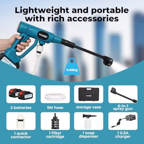 Traderight Blue Cordless Pressure Washer with Brushless Motor, LCD Display and Dual 4.0Ah Rechargeable Batteries, 50Bar/725PSI High-Pressure Jet Washer for Car, Patio and Garden Cleaning – 5