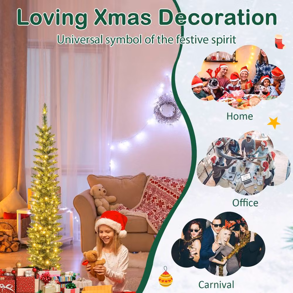 Gymax 150 cm Pre-lit Artificial Christmas Tree with 150 LED Lights in Green – 4