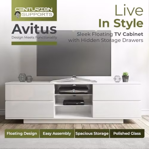 Centurion Supports Avitus High Gloss White TV Stand with 4 Drawers and 3 Shelves for 32-65 inch LED/LCD/Plasma Screens, W/D/H: 158 x 40 x 48 cm – 7