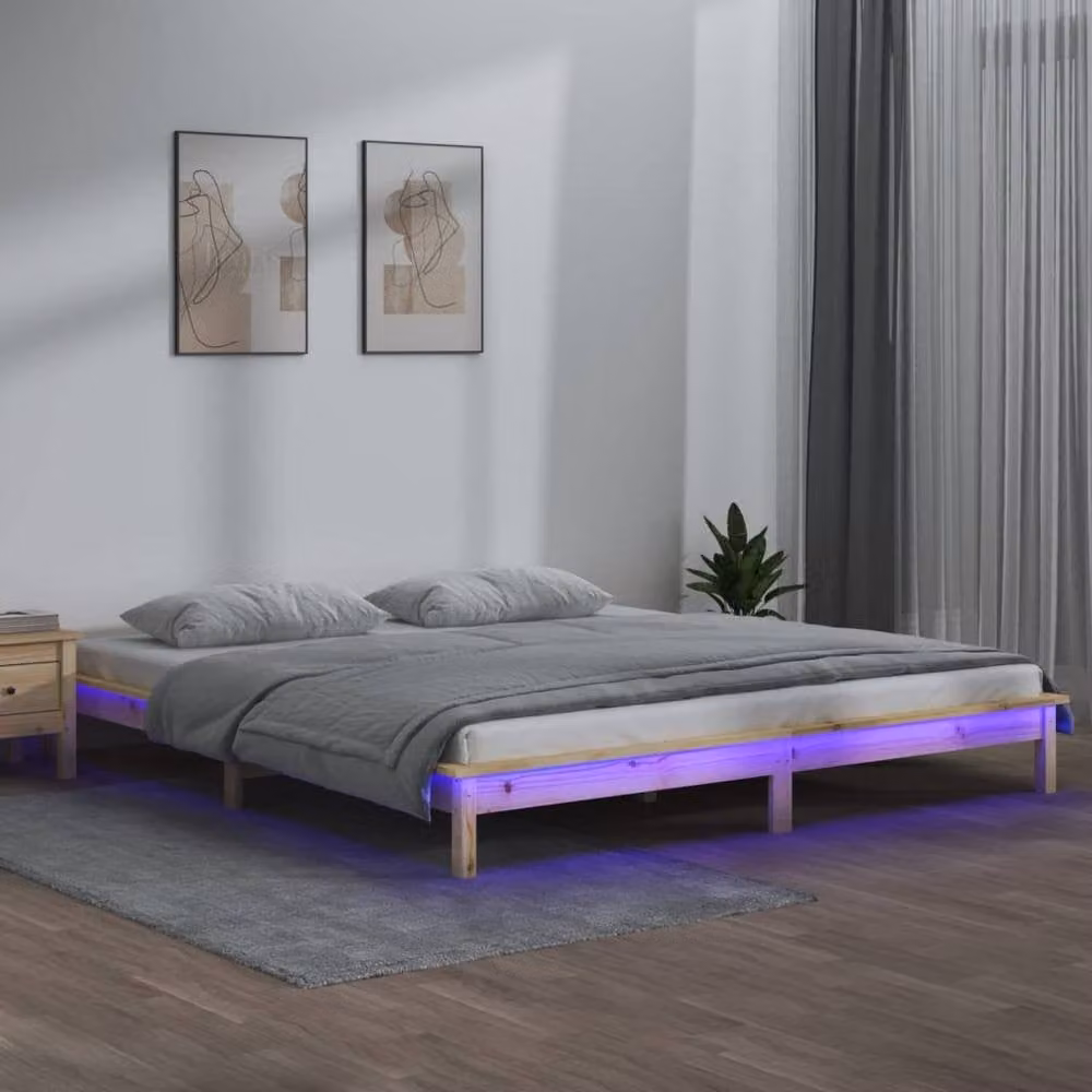 Berkfield Home Solid Wood LED Bed Frame with Under-Bed Lighting, Brown, W: 140 cm, L: 190 cm – 2