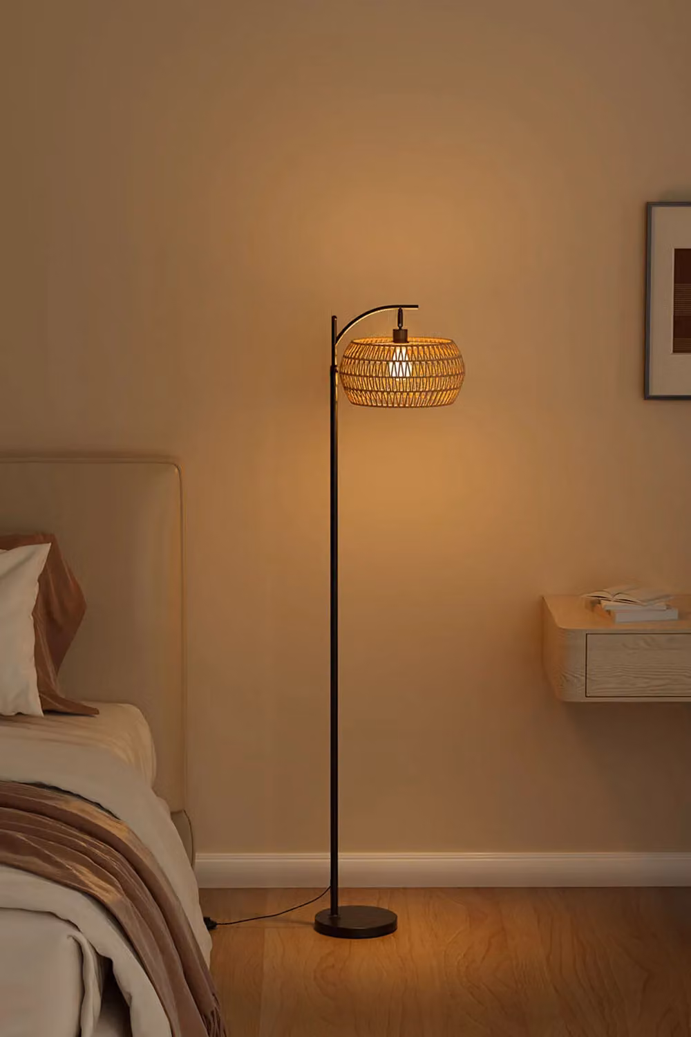 Living and Home Boho Rattan and Linen Floor Lamp in Black and Multicolour, H 160 cm x W 33 cm x D 33 cm – 3