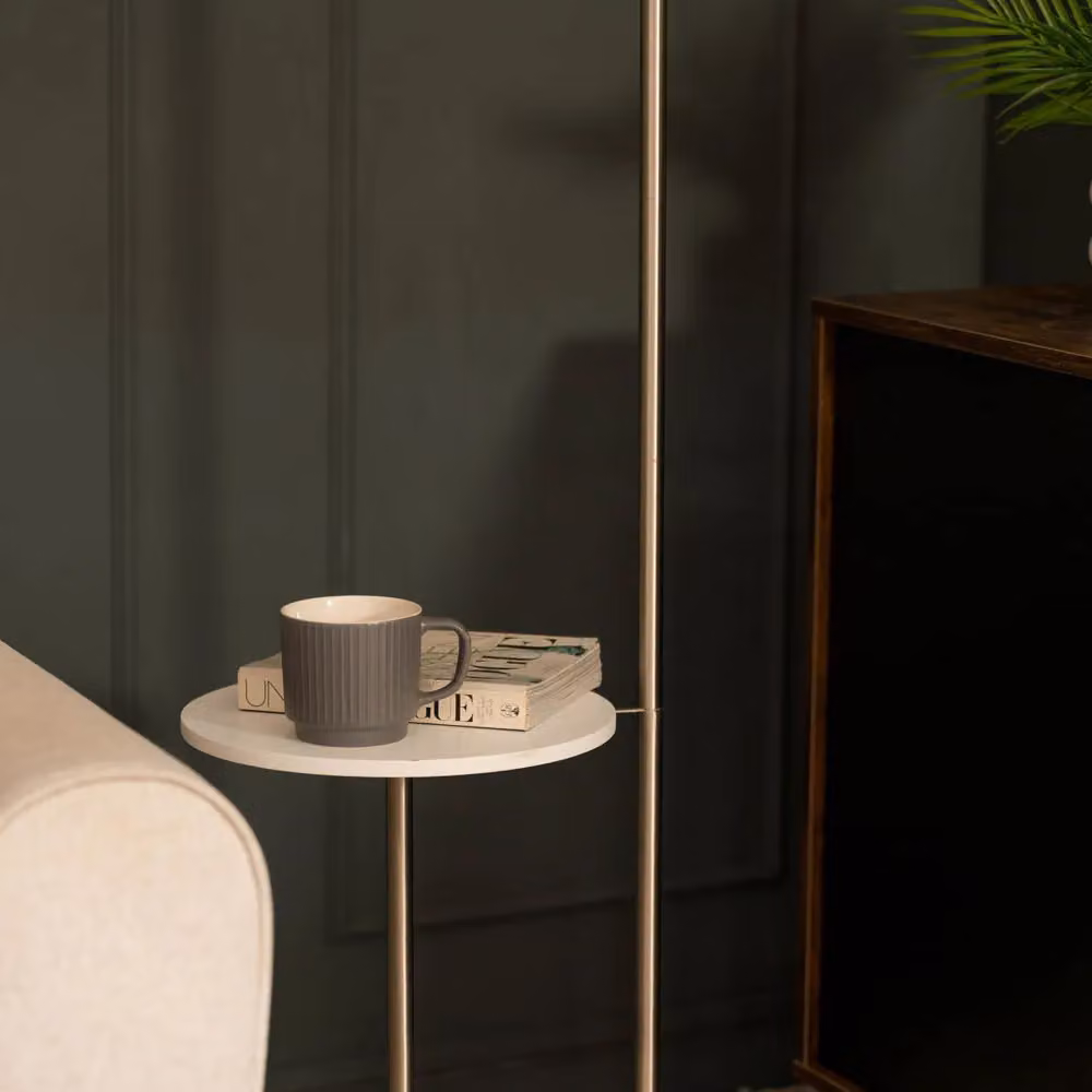 ValueLights Tavel Modern Floor Lamp Base with Built-in Marble Side Table in Brushed Chrome and Metallic Silver – 3
