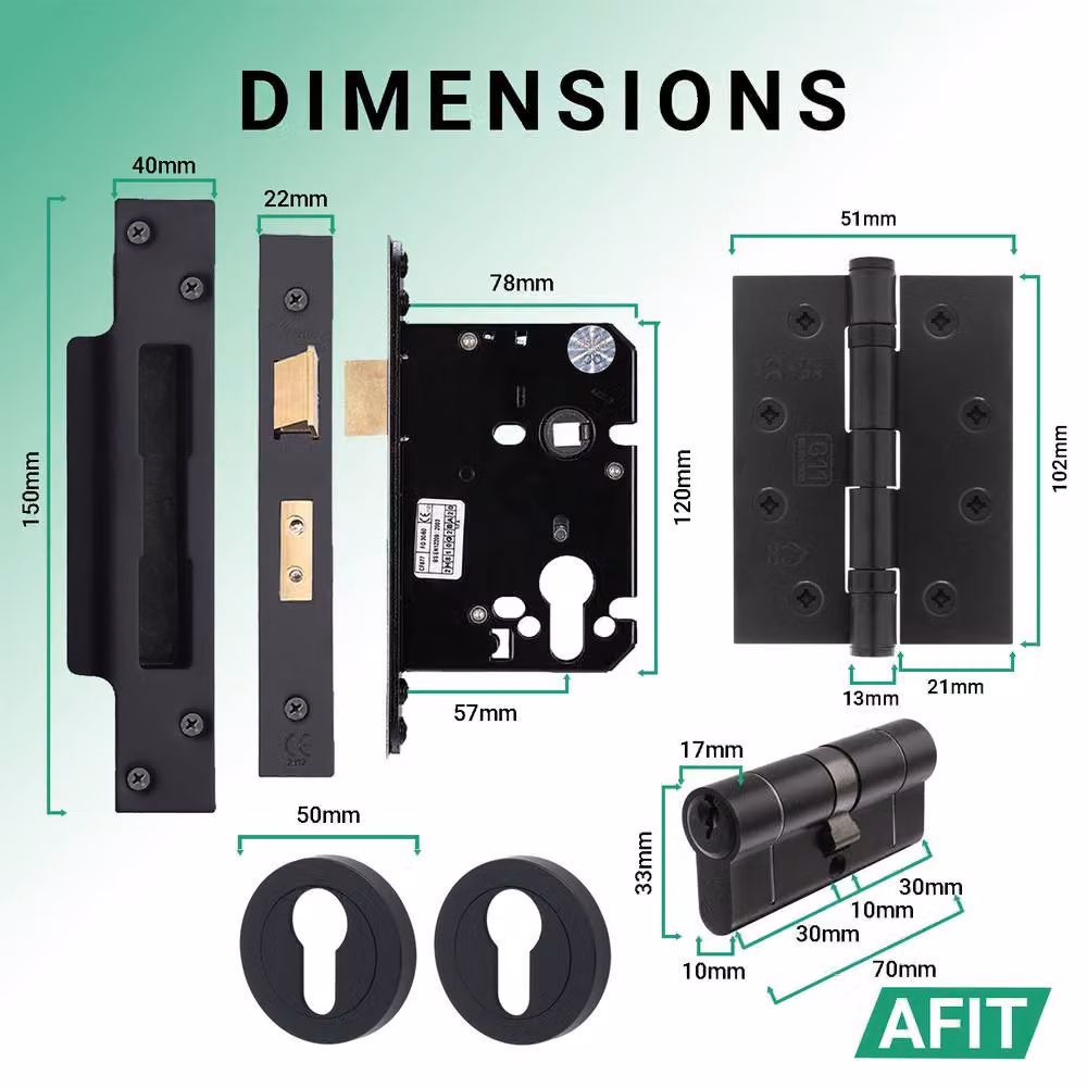 AFIT Black Fire Door Handle, Euro Lock Cylinder and Hinges Set in Matt Black – 4