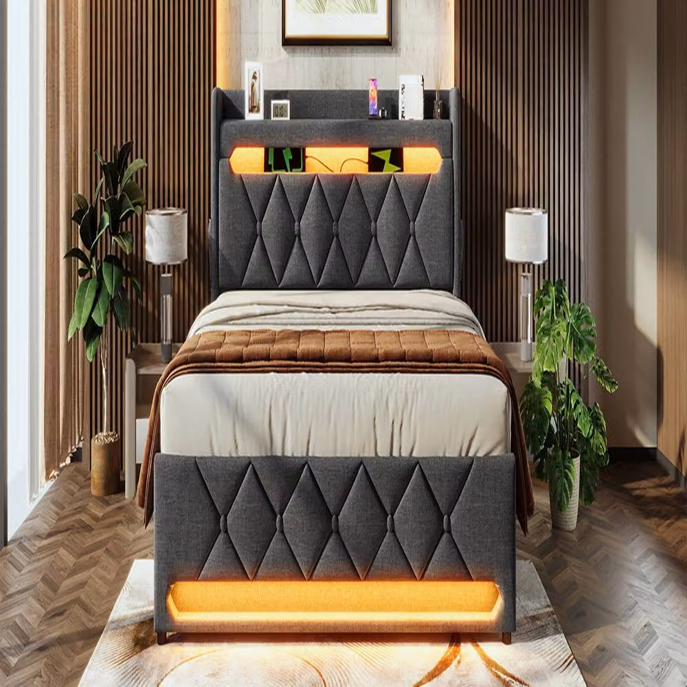 Rolipo Grey Linen Upholstered Hydraulic Storage Bed with LED Lighting and USB Charging, W/D/H: 180 x 200 cm – 9