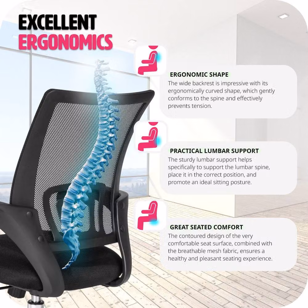 tectake Marius Office Task Chair in Black with Armrests and 360 Degree Swivel – 5