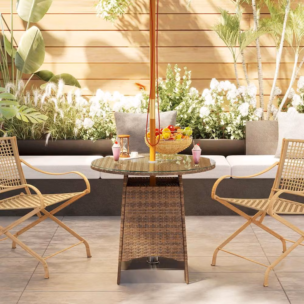 ERGOVEXA Brown Round Polyrattan Wicker Garden Table with Glass Top – 4