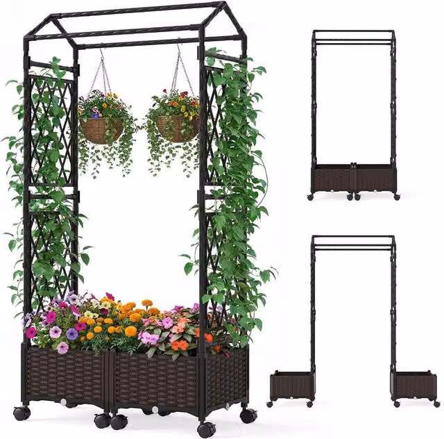 Costway Brown Self-Watering Raised Planter Boxes with Lattice Trellis and Roof for Vegetable and Herb Gardens, W: 147 cm, D: 40 cm, H: 20 cm