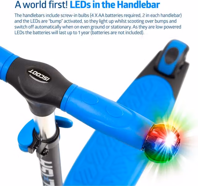 iScoot Flash Kids 3 Wheel Scooter with LED Light Up Wheels and Handlebars in Blue