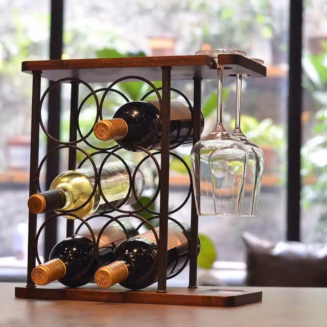 Lifeideas Industrial Freestanding Wine Rack in Brown Wood and Black Metal