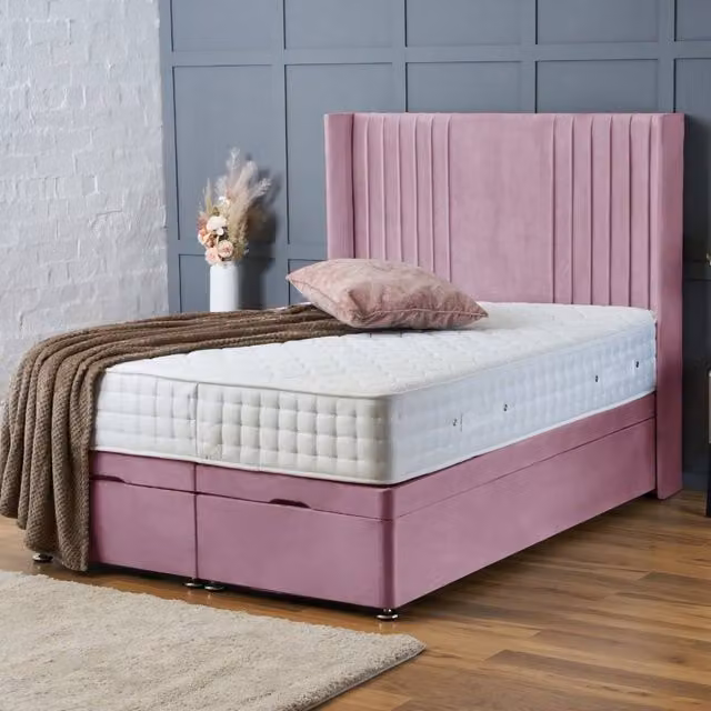 BSSPOKE Charlotte Ottoman Divan Bed with 54 inch Headboard and Mattress in Pink Plush Velvet, W/D/H: 140 x 200 cm