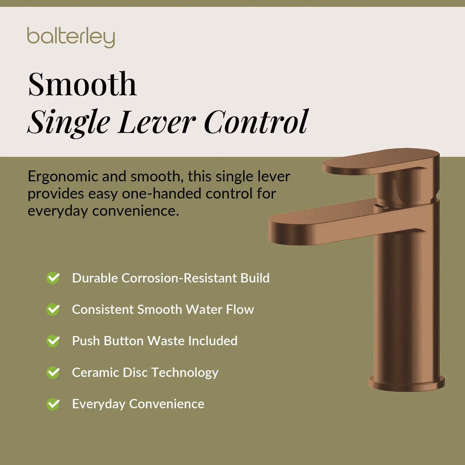 Balterley Current Round Mono Basin Mixer Tap with Push Button Waste, Brushed Bronze and Brown – 3