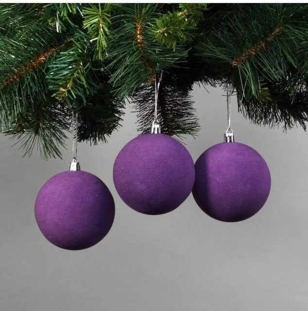 KDMD Set of 6 Purple Velvet Round Christmas Baubles, Diameter: 8 cm – 1