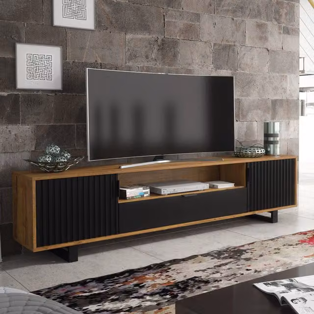 Creative Furniture Blackridge Modern TV Unit in Dark Oak and Black Matt, W: 200 cm, D: 45 cm, H: 35 cm