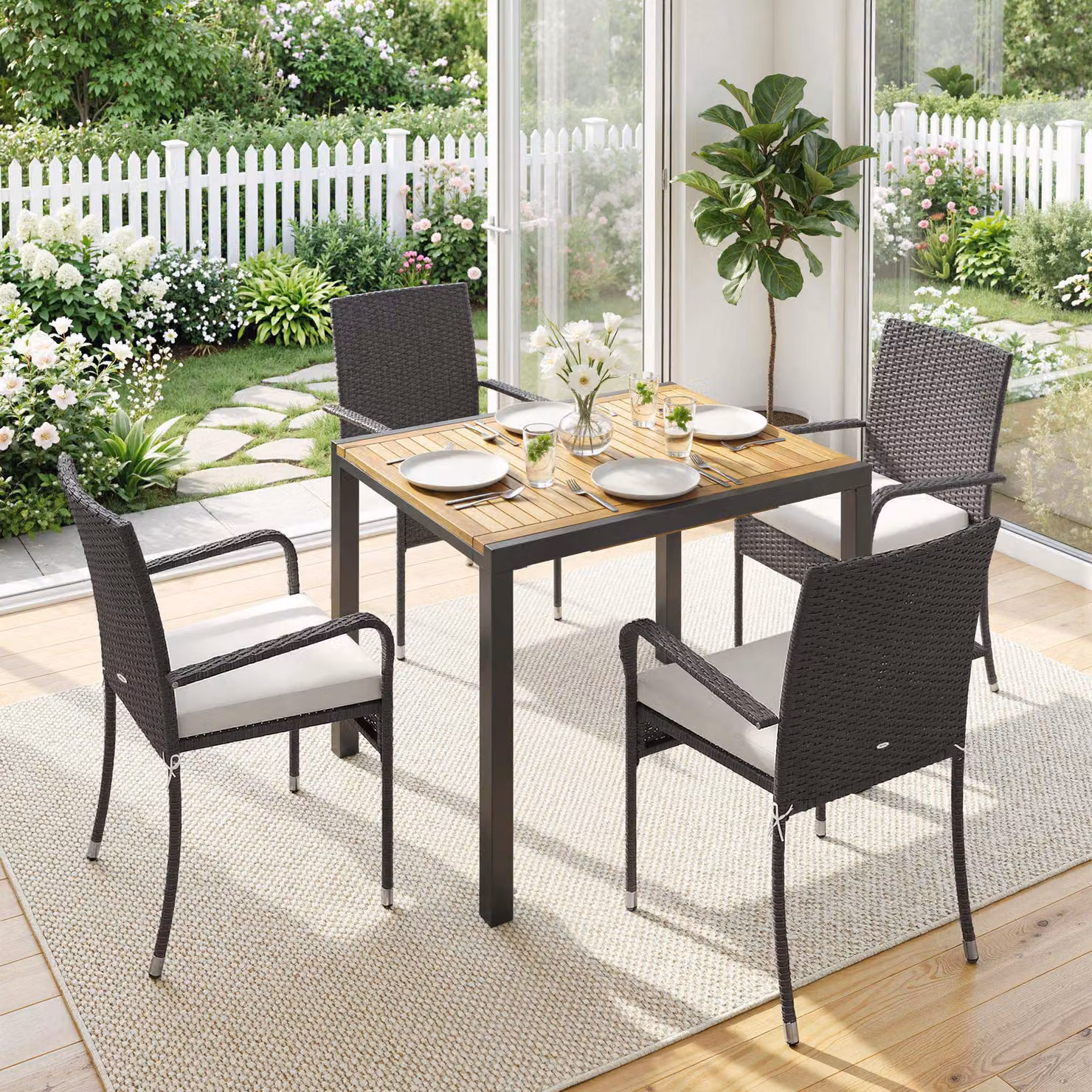 Outsunny 7 Piece Rattan Garden Furniture Set with Extendable Acacia Wood Tabletop and 6 Stackable Chairs – 9