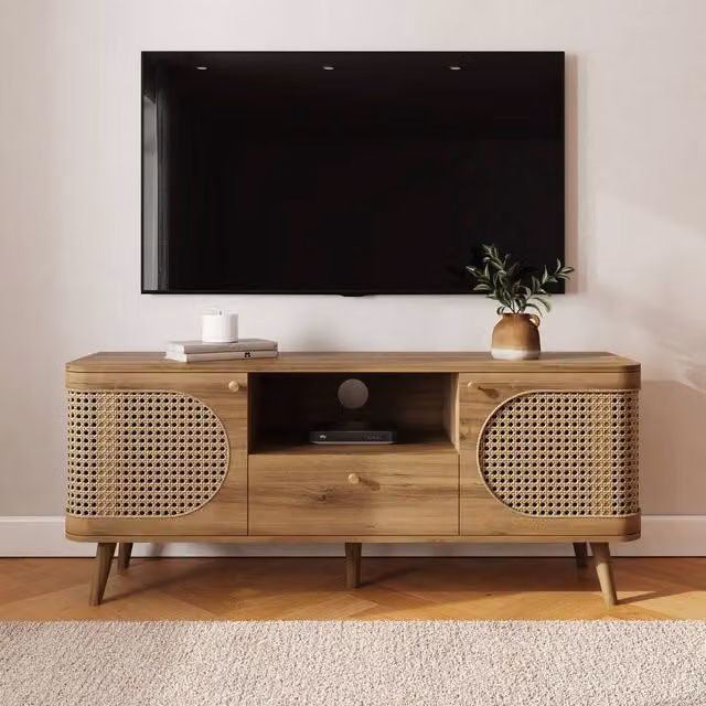 GFW Sorrel Modern Rattan TV Unit in Brown Oak with W: 140.0 cm, H: 59.5 cm