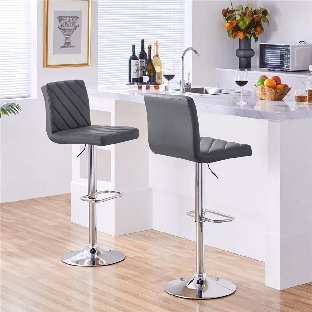 KORVIXA Set of 2 Modern Grey Synthetic Leather Kitchen Bar Stools with 360 Degree Swivel and Metal Base – 4