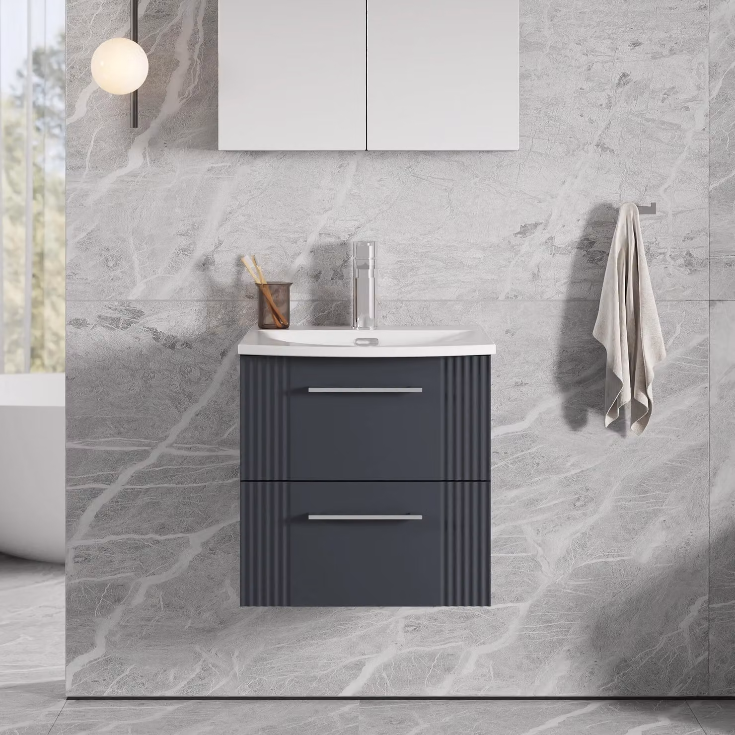 Balterley Wall Hung 2 Drawer Vanity Unit with Curved Basin, Satin Dark Grey, Width: 50 cm – 2