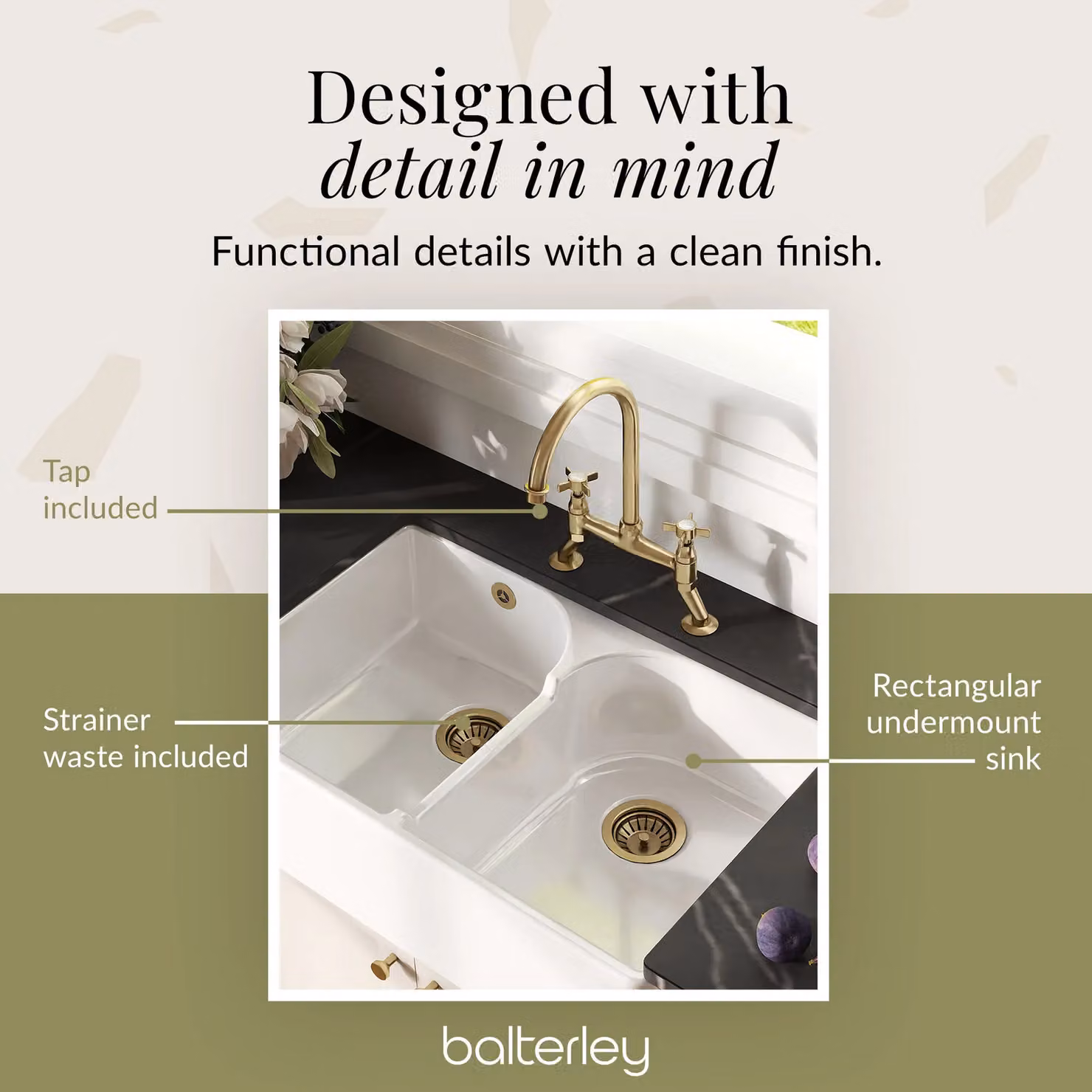 Balterley White Ceramic 2 Bowl Stepped Weir Fireclay Butler Sink with Wastes and Tap, W: 79.5 cm – 5
