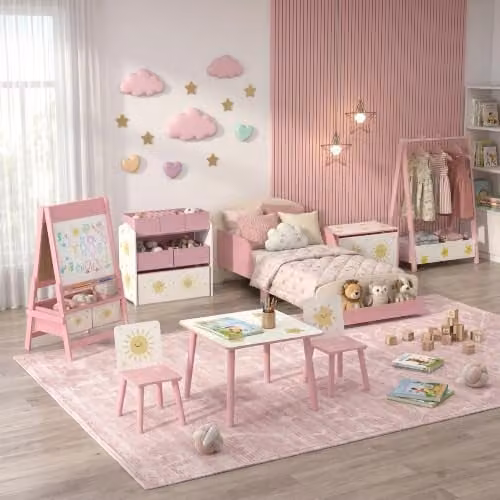 AIYAPLAY Kids Bedroom Furniture Set in Pink with Table, 2 Chairs and Bookcase – 1