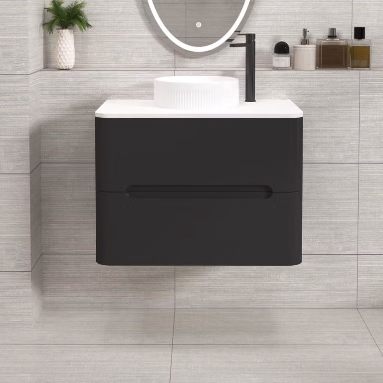 Royal Bathrooms Venice 700mm Matt Nocturne Black Wall Hung 2 Drawer Vanity Unit with Plain White Worktop and Round Basin