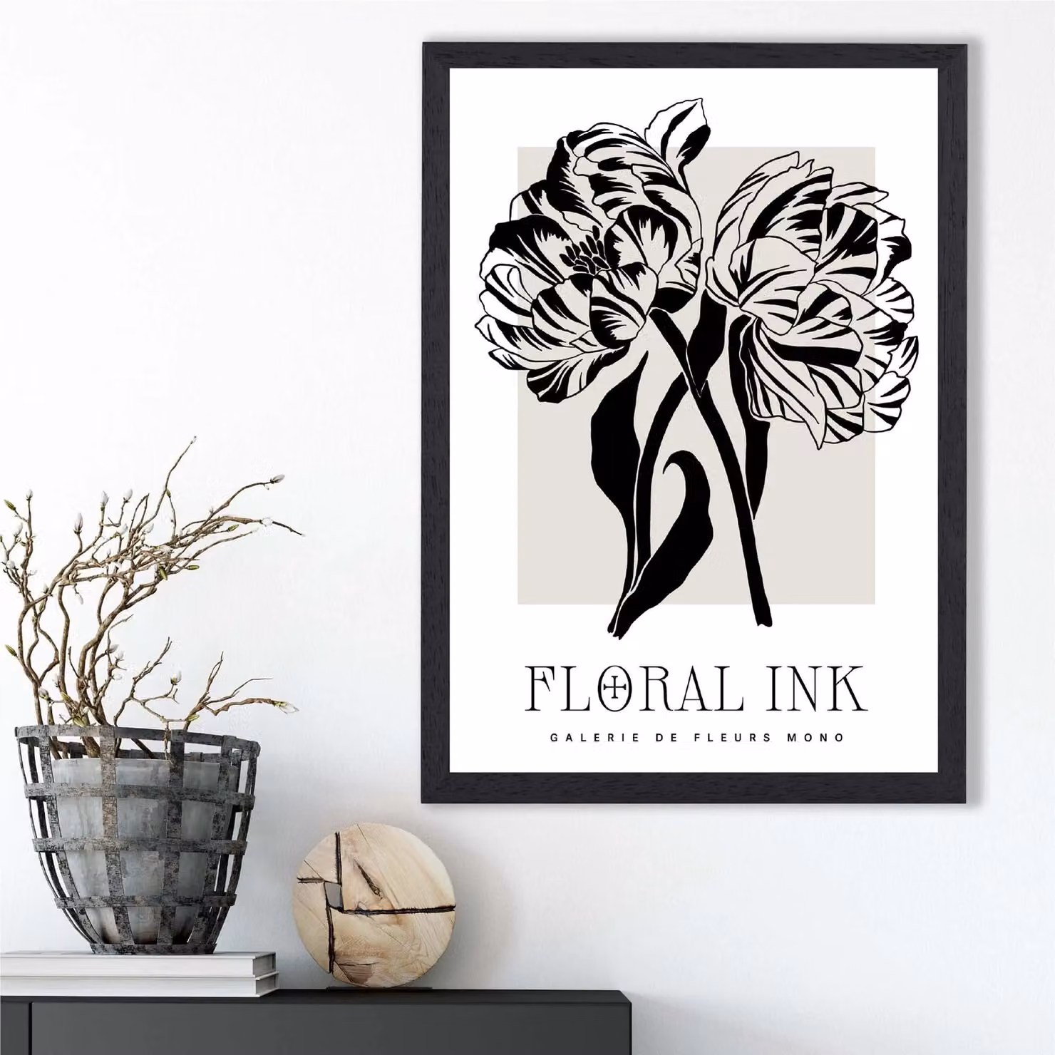 ARTZE Camelias Black and Beige Floral Ink Sketch Framed Print, A2 – 2
