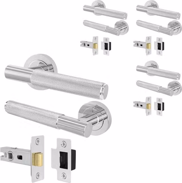 AFIT Polished Chrome Knurled Round Rose Door Handles with Latch, 4 Pairs, Silver