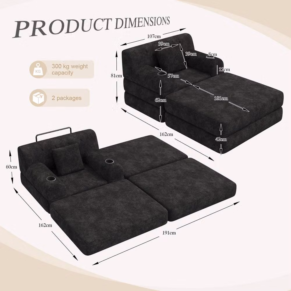 Direct Wicker Black Cord Convertible Sleeper Chair with Ottoman, Cup Holders and Side Pocket – 4