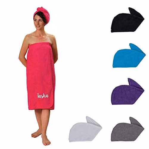 Duncan Stewart Personalised Women's Towelling Sarong and Hair Turban Wrap Set in Pink