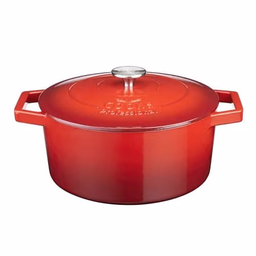 Cooks Professional Enamelled Cast Iron Casserole Dish with Lid and Handles, Red, 26cm, 5.8l – 1
