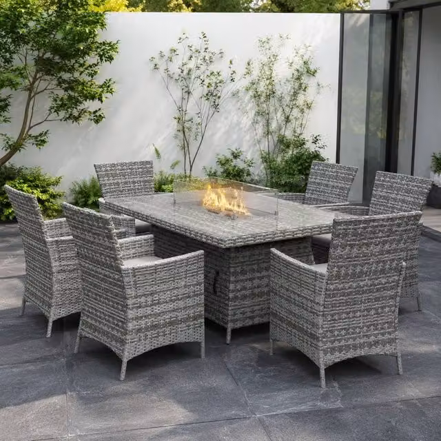 STILVORA Modern Grey Dining Set with Fire Pit Table in Rattan and Metal