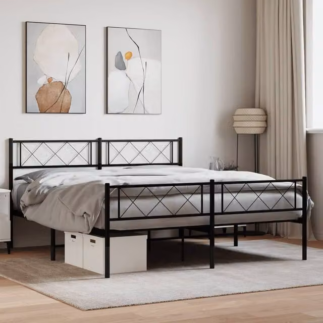 Berkfield Home Metal Double Bed Frame with Headboard and Footboard in Black, W: 135 cm, L: 190 cm