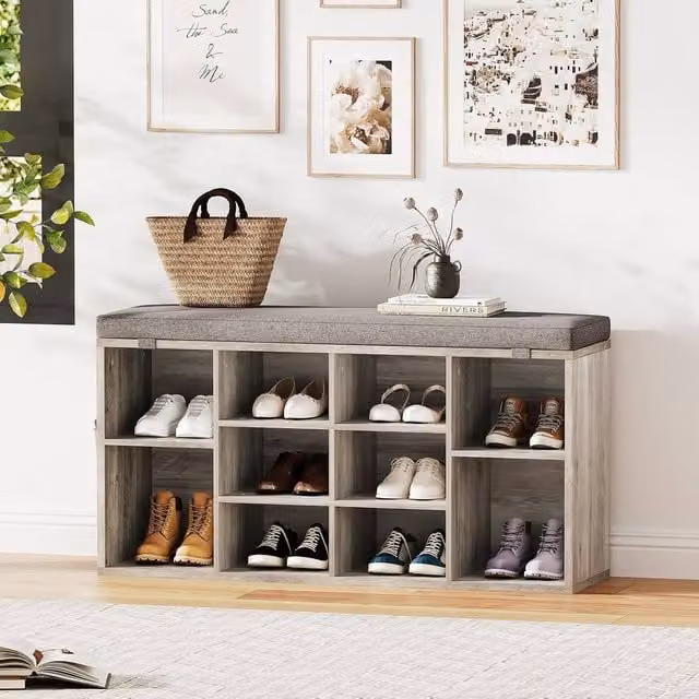 London Boutique Shoe Storage Bench and Rack Organiser with Adjustable Shelf and Padded Grey Fabric Seat