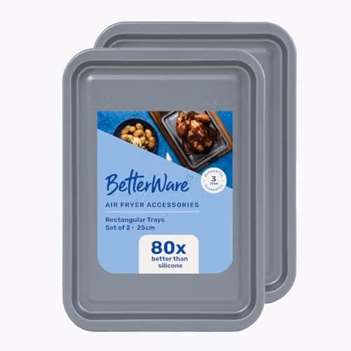 BetterWare Non-Stick Carbon Steel Air Fryer Baking Sheet Set, 2 x Rectangular Trays, Silver and Grey, W: 25 cm