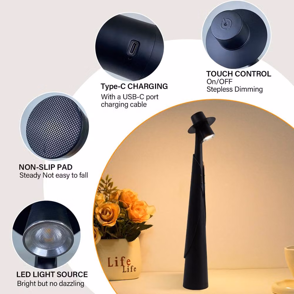 INMTFEI Rechargeable LED Touch Bedside Lamp in Black with Dimmer and Warm White Light – 5