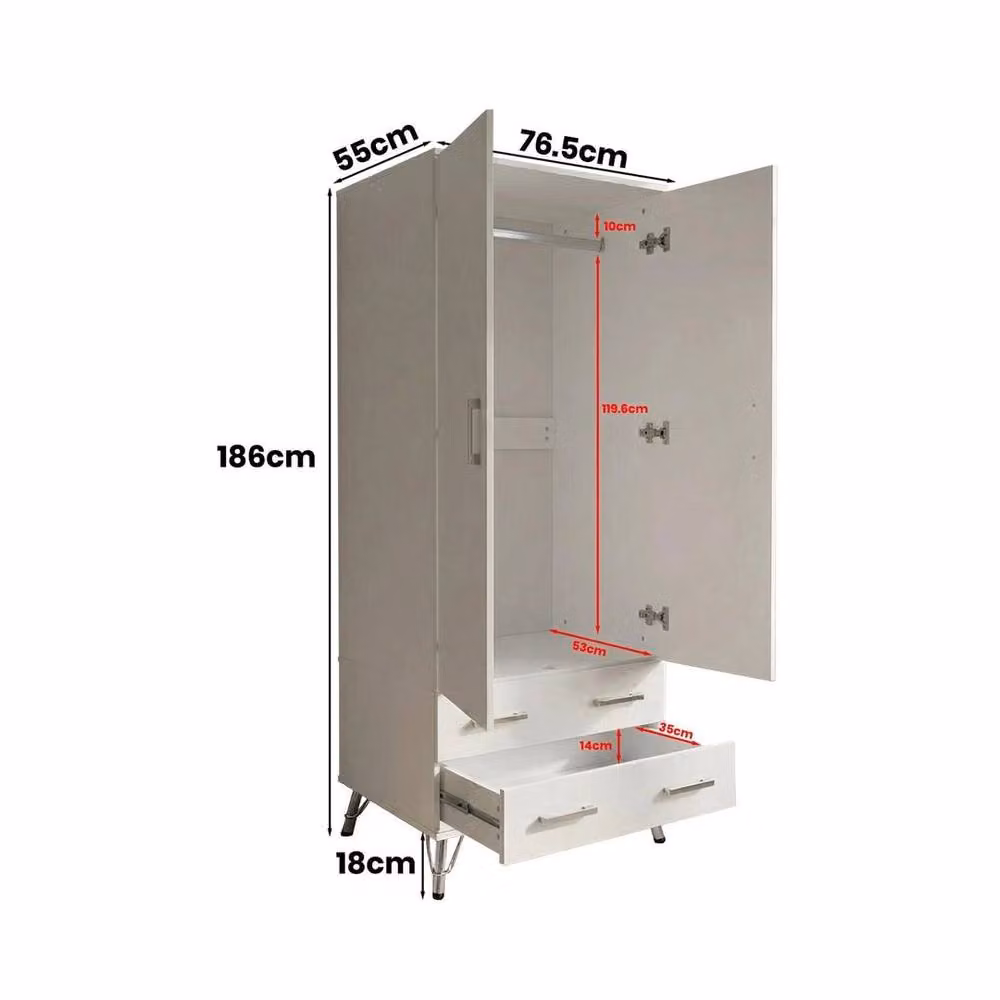 KORVIXA White 2 Door 2 Drawer Wardrobe with Hanging Rail, W/D/H: 100 x 100 x 100 cm – 2