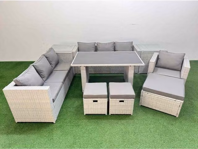 Fimous Outdoor Rattan Dining and Seating Set with Black Glass Table in Light Grey Mixed Rattan and Dark Grey Fabric