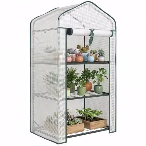 Outsunny 3 Tier Mini Greenhouse with Shelving, White, H 127 x W 59 x D 39 cm