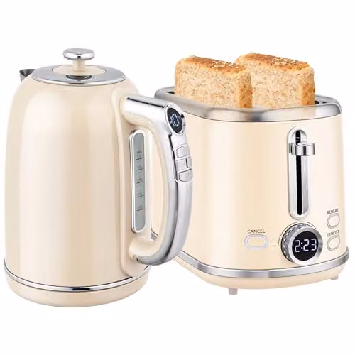 HOMCOM Digital Kettle and 2 Slice Toaster Set with LED Screen, 1.7L, Beige – 3