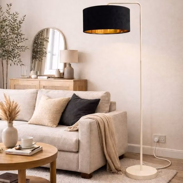 CGC Lighting Kyra Cream Angled Floor Lamp with 45 cm Black Fabric Lampshade – 1